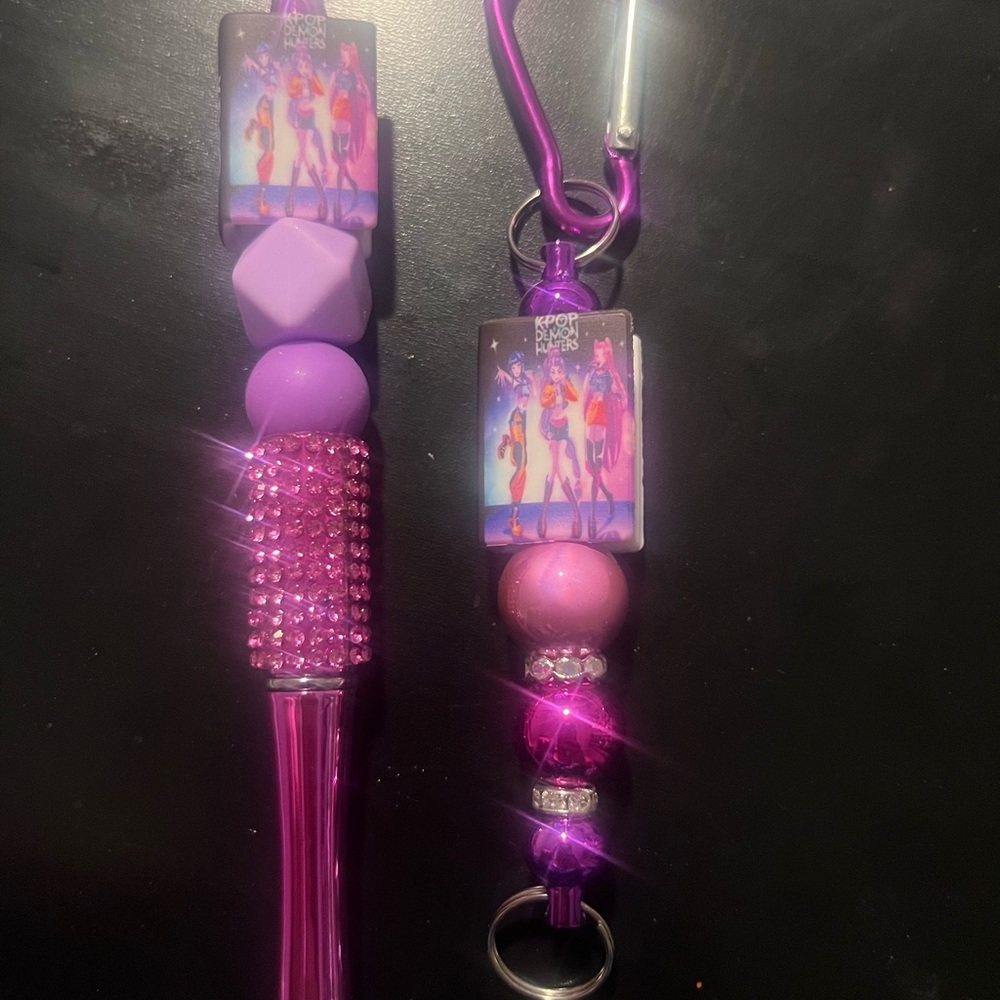 Purple Rhinestone Beaded Keychain and Pen Set